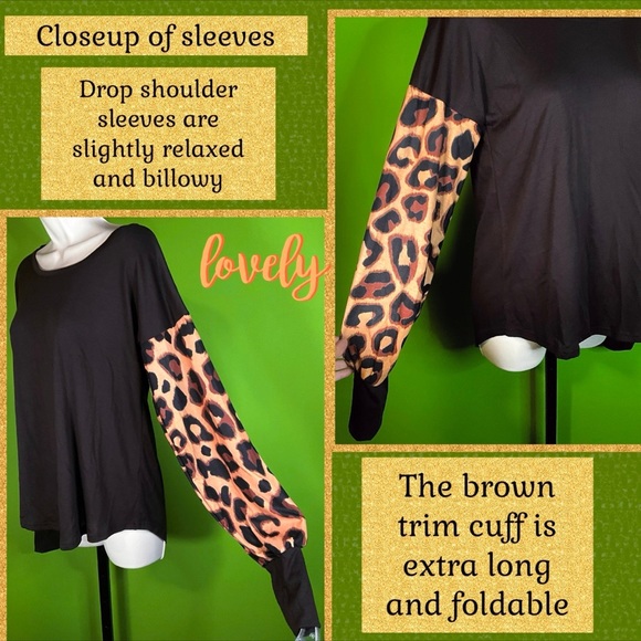 M NWT LOVEU.DEAR DARK CHOCOLATE BROWN TUNIC W CONTRASTING ANIMAL PRINT SLEEVES - Picture 6 of 12